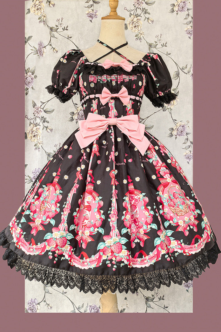 [Strawberry Chef] Short Sleeves Print Bowknot Lace Sweet Lolita Dress 4 Colors