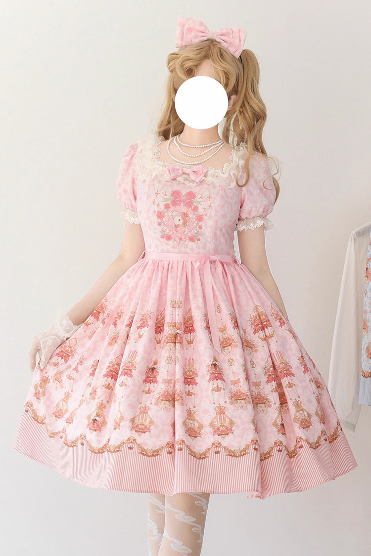 Pink [Rose Garden Rabbit] Print Ruffle Bowknot Sweet Lolita Dress