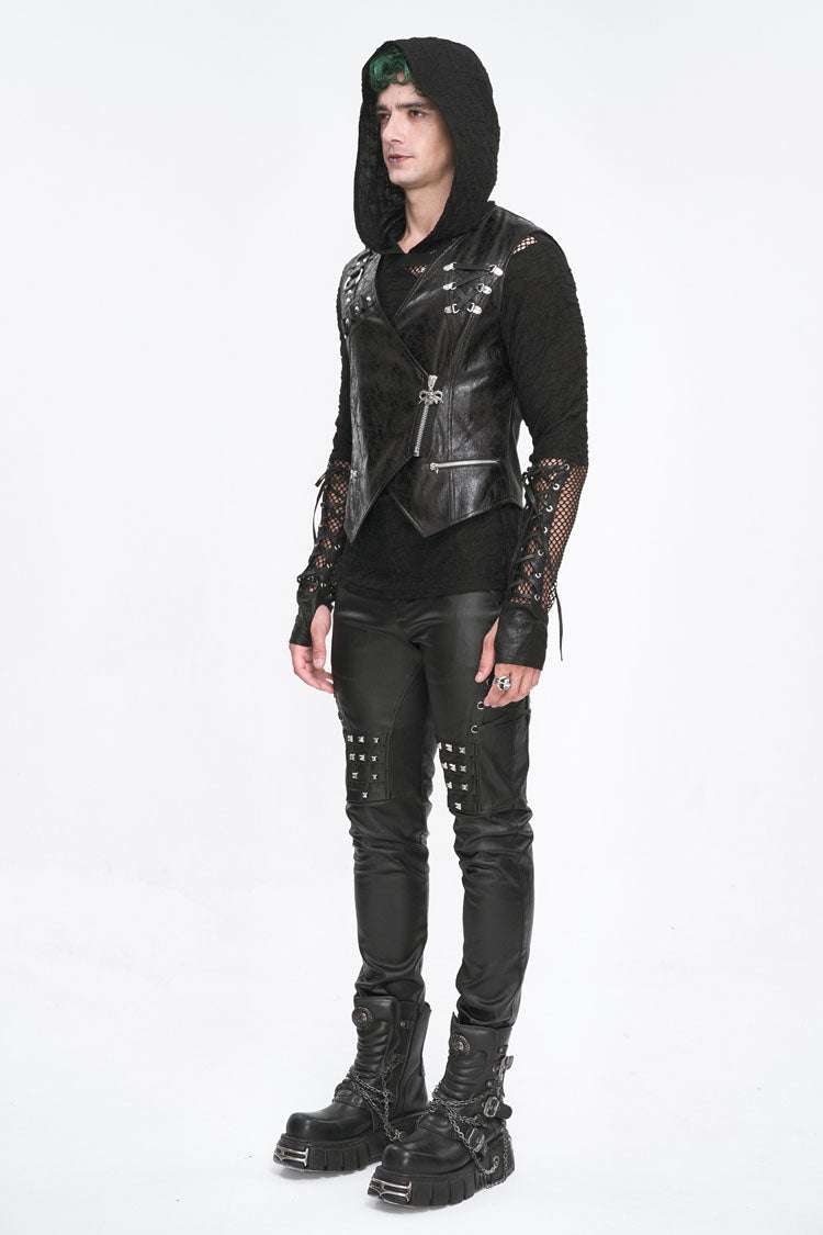 Black Zipper Faux Leather Men's Punk Waistcoat