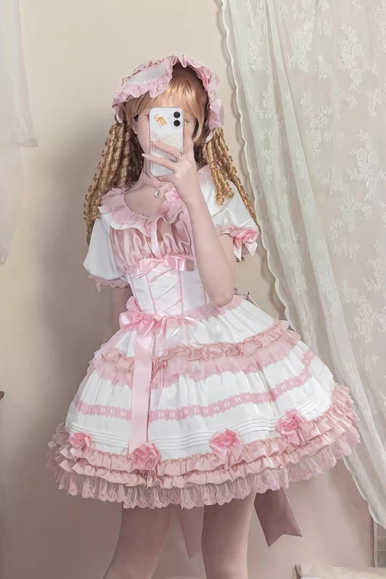 Robe Sweet Lolita en dentelle à nœud à volants à manches courtes [Glace à la pêche en couches] blanc/rose 