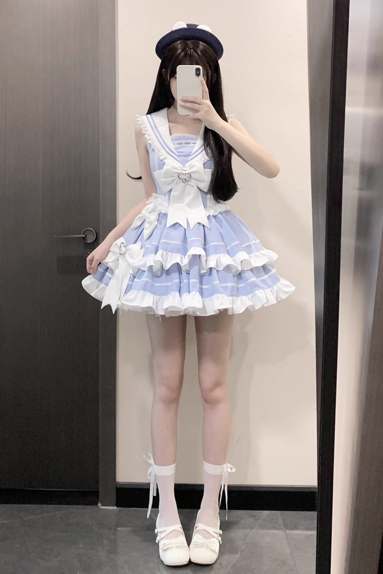 Light Blue Navy Style Sleeveless Double Layer Ruffle Bowknot Lace Sweet Lolita Dress