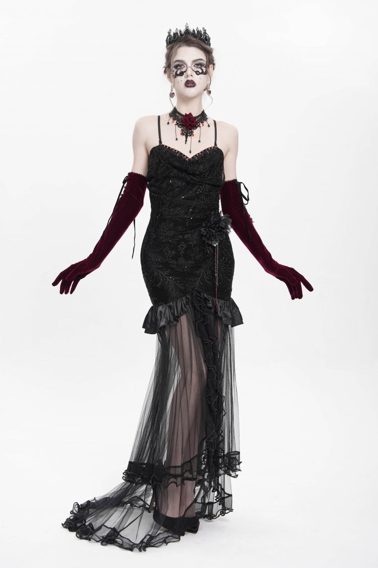 Black Floral Embroidery Mesh Hem Women's Gothic Long Slip Dress