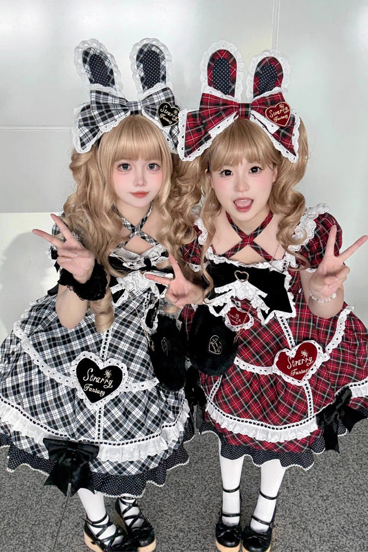 Red [Shibuya Sweetheart] Short Sleeves Plaid Print Ruffle Bowknot Sweet Lolita OP Dress (Plus Size Support)
