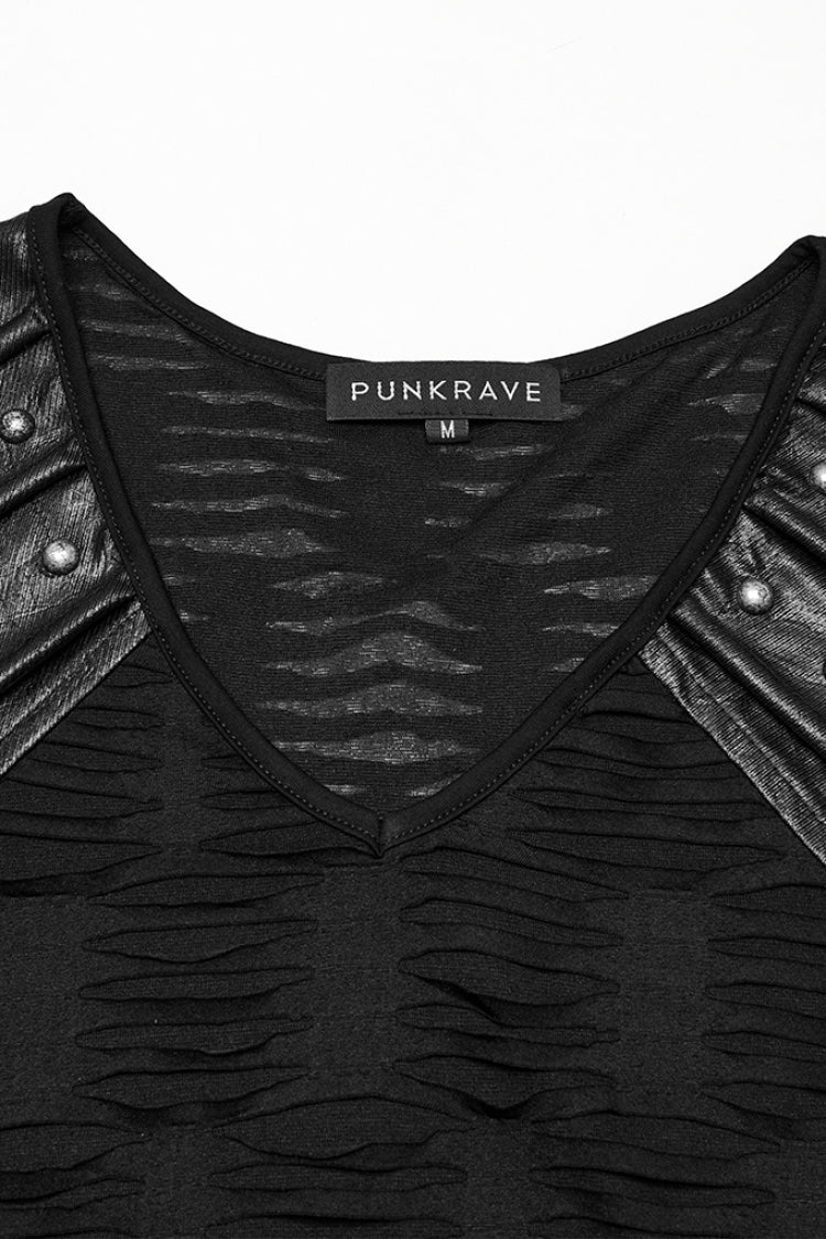 Black Short Sleeves Jacquard Faux Leather Stitching Ripped Rivet Men's Punk T-Shirt