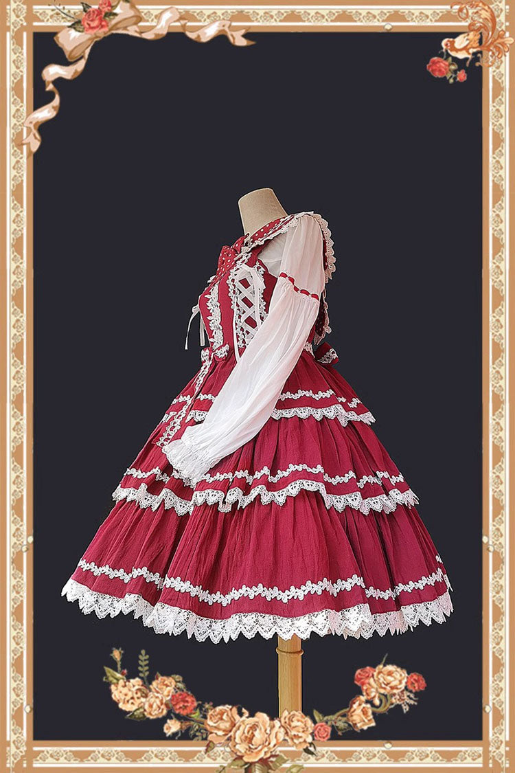 Rot/weißes dreiteiliges ärmelloses Lolita-Stufenkleid mit Schleife