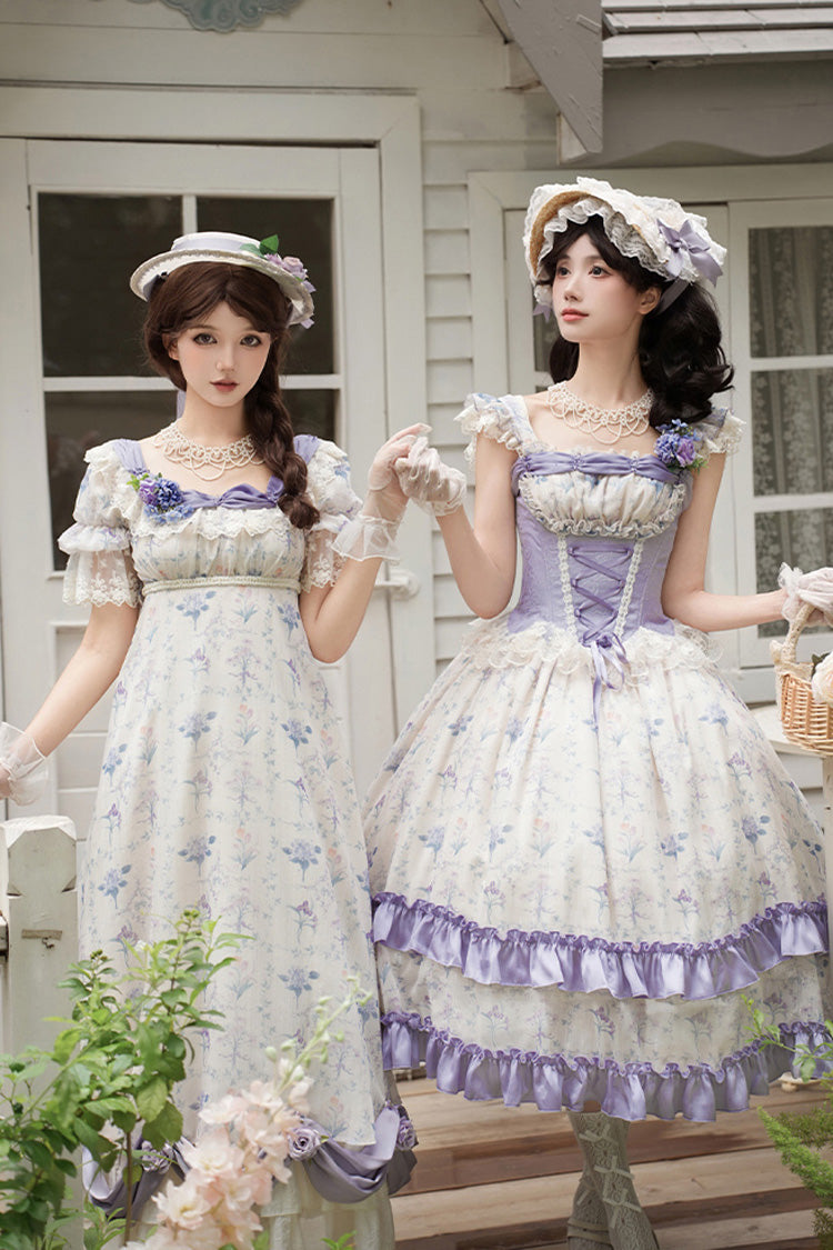 Purple/Ivory [Iris Secrets] Short Sleeves Double-Layered Print Ruffle Bowknot Lace-Up Sweet Lolita Dress