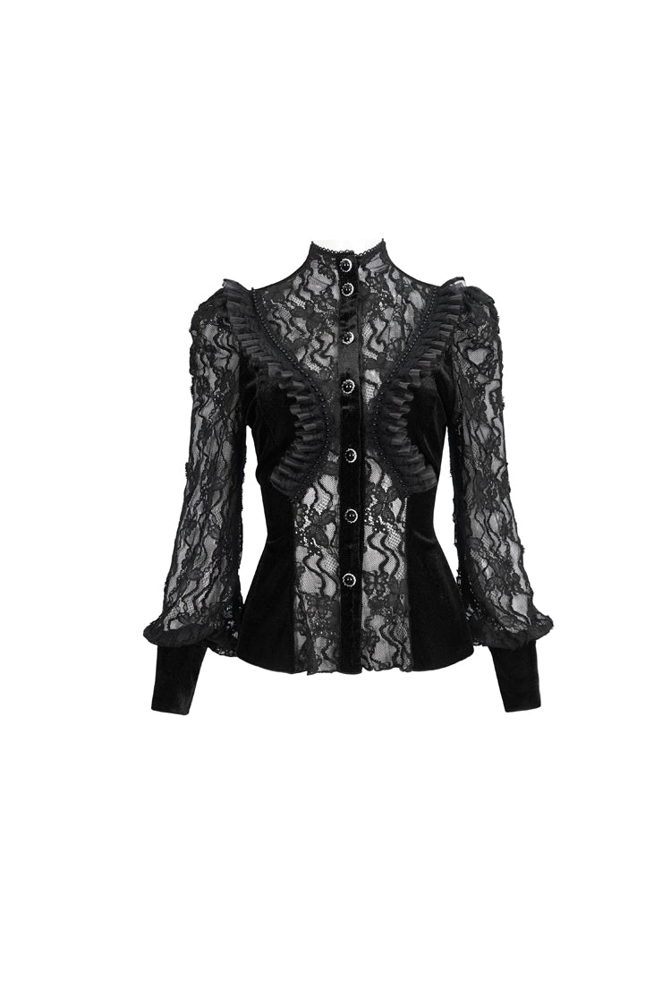 Schwarzer Samt-Hochhals-Spitzen-Fake-BH-Design, das dreidimensionales Schmetterlingsnetz-Gothic-Shirt für Damen spleißt