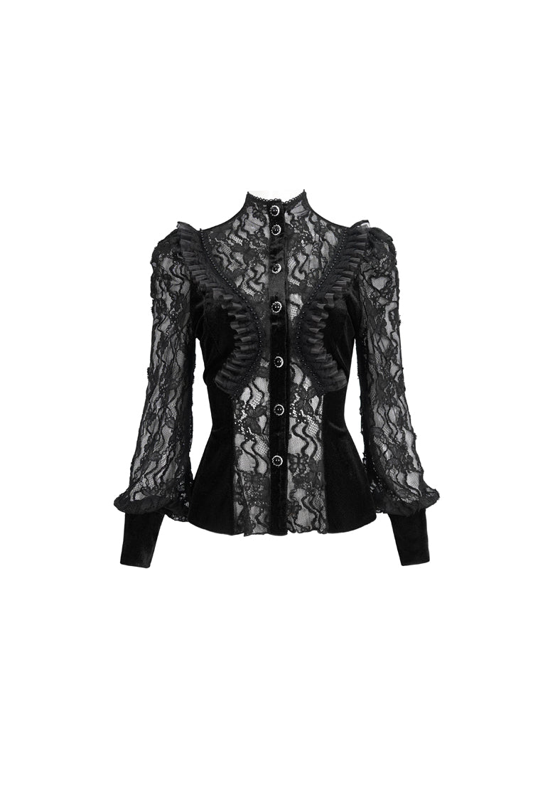 黒ベルベットハイネックレースフェイクブラジャーデザインスプライシング三次元バタフライメッシュ女性のゴシックシャツ