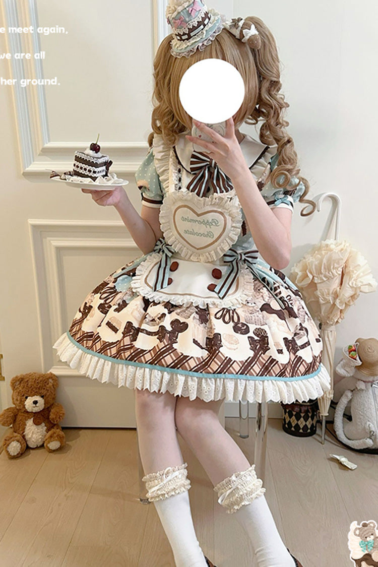 Brown [Peppermint Chocolate] Chocolate Cake Bear Print Ruffle Bowknot Lace-Up Sweet Lolita Dress
