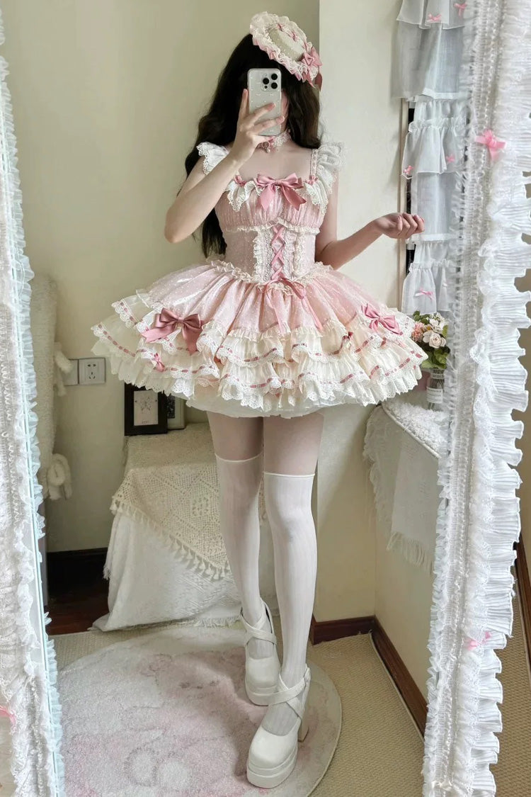 Rosa dreilagiges süßes Prinzessinnen-Ballett-Lolita-JSK-Kleid mit Schleife und Schnürung