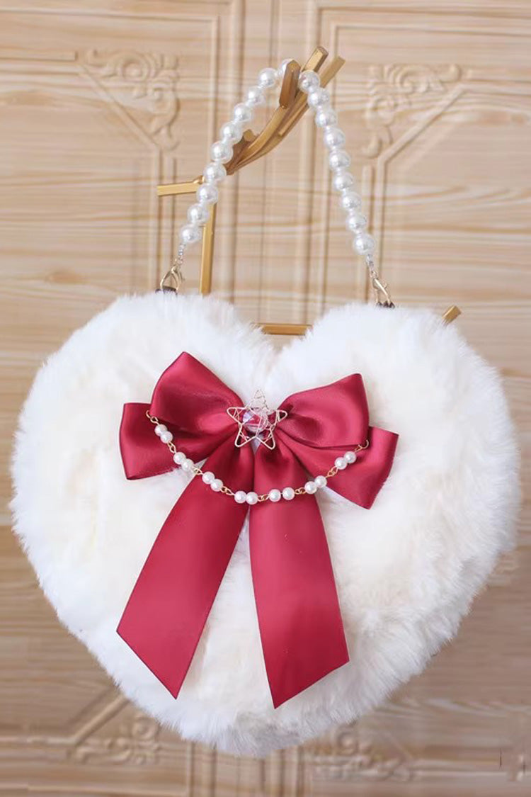 Sac à main Lolita doux avec nœud papillon en forme de cœur duveteux et perles, 17 couleurs 