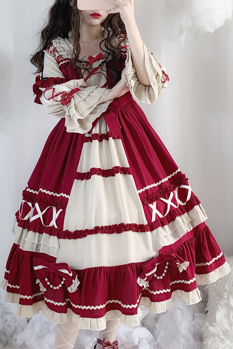 Wine Red Bowknot Long Sleeves Ruffle Sweet Lolita Op Dress