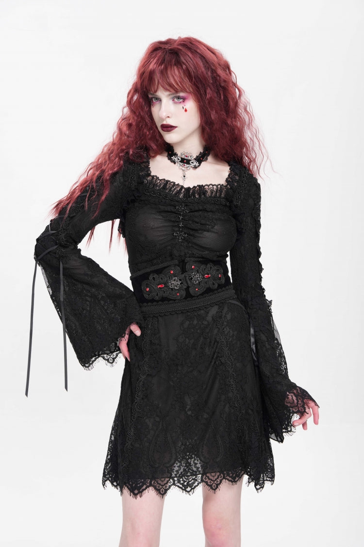 ブラックスクエアカラーロングトランペットスリーブ刺繍レースアップレディースゴシックドレス