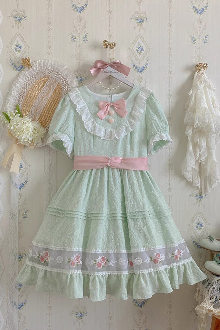 Green Short Sleeves Rose Print Ruffle Bowknot Sweet Lolita Dress