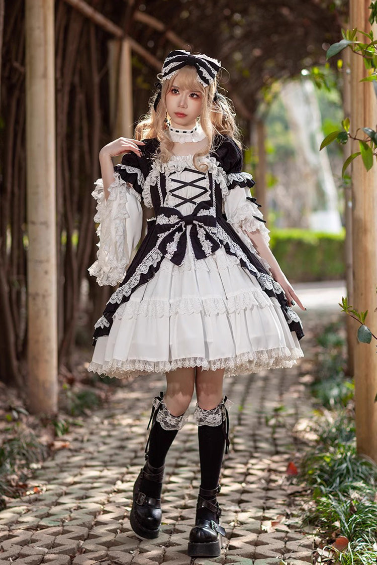 White/Black Short Sleeves Cardigan Bowknot Doll Sweet Lolita Dress