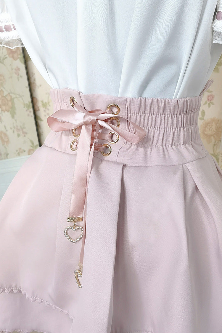 White/Pink Lapel Collar Short Sleeves Double-Layered Ruffle Bowknot Sweet Jirai Kei Set