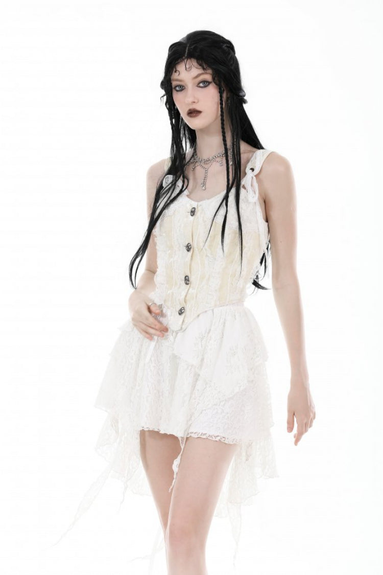 Weißer, mehrlagiger Damen-Gothic-Rock mit unregelmäßigen Spitzenspleißen