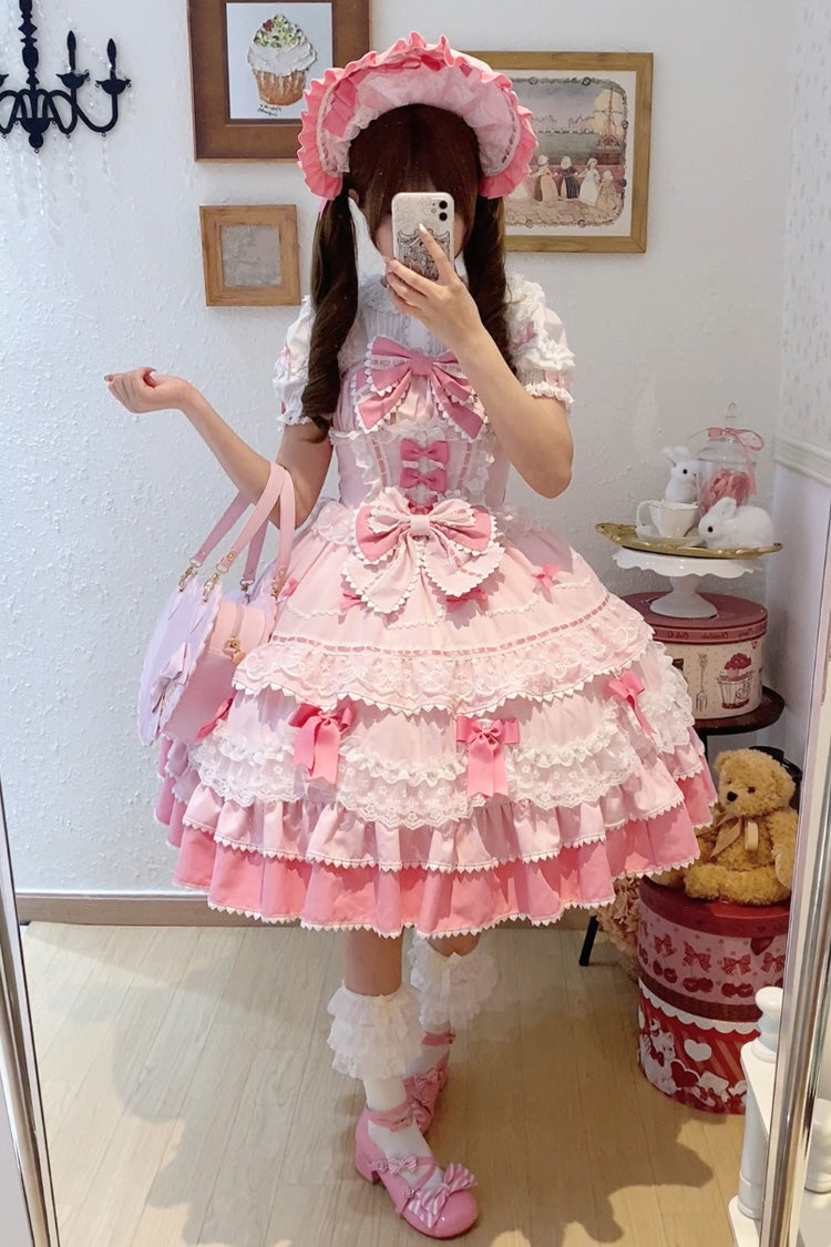 Pink [Fondant Cake] Sleeveless Multi-Layered Ruffle Bowknot Lace Sweet Lolita Jsk Dress