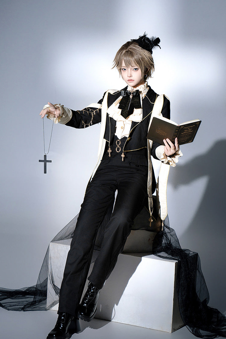 Black Long Sleeves Print Gothic Prince Handsome Ouji Lolita Swallowtail Coat