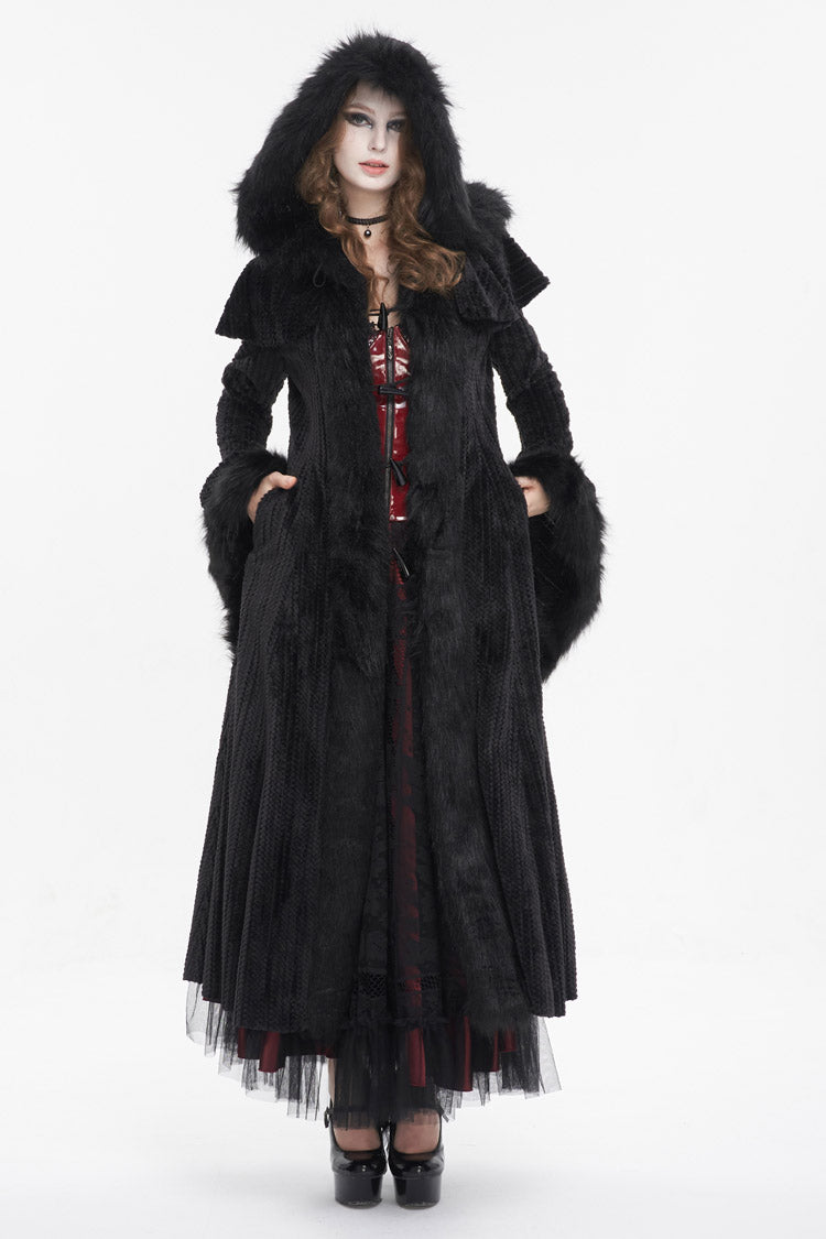 Black Flared Sleeved Fluffy Long Women's Gothic Coat With Hood