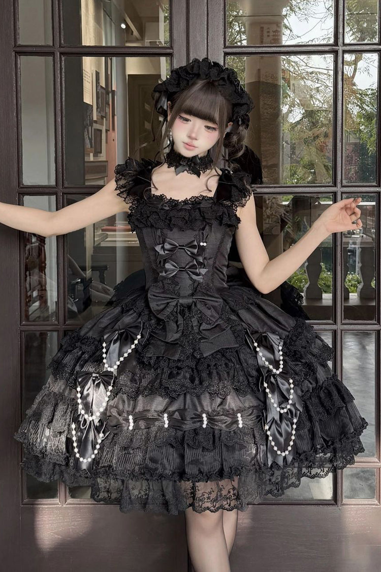 Schwarzes [Misty Starlight] Süßes Lolita JSK-Kleid mit quadratischem Kragen, flatternden Ärmeln, mehrlagigem Jacquard, Hochzeitsstil, Schleife und Spitze