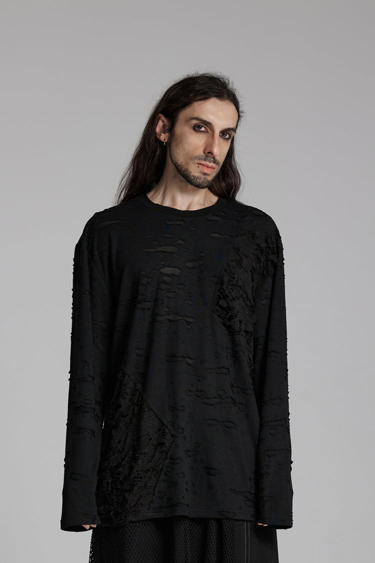 ブラック ラウンドカラー 長袖 破れメッシュ メンズ パンク Tシャツ