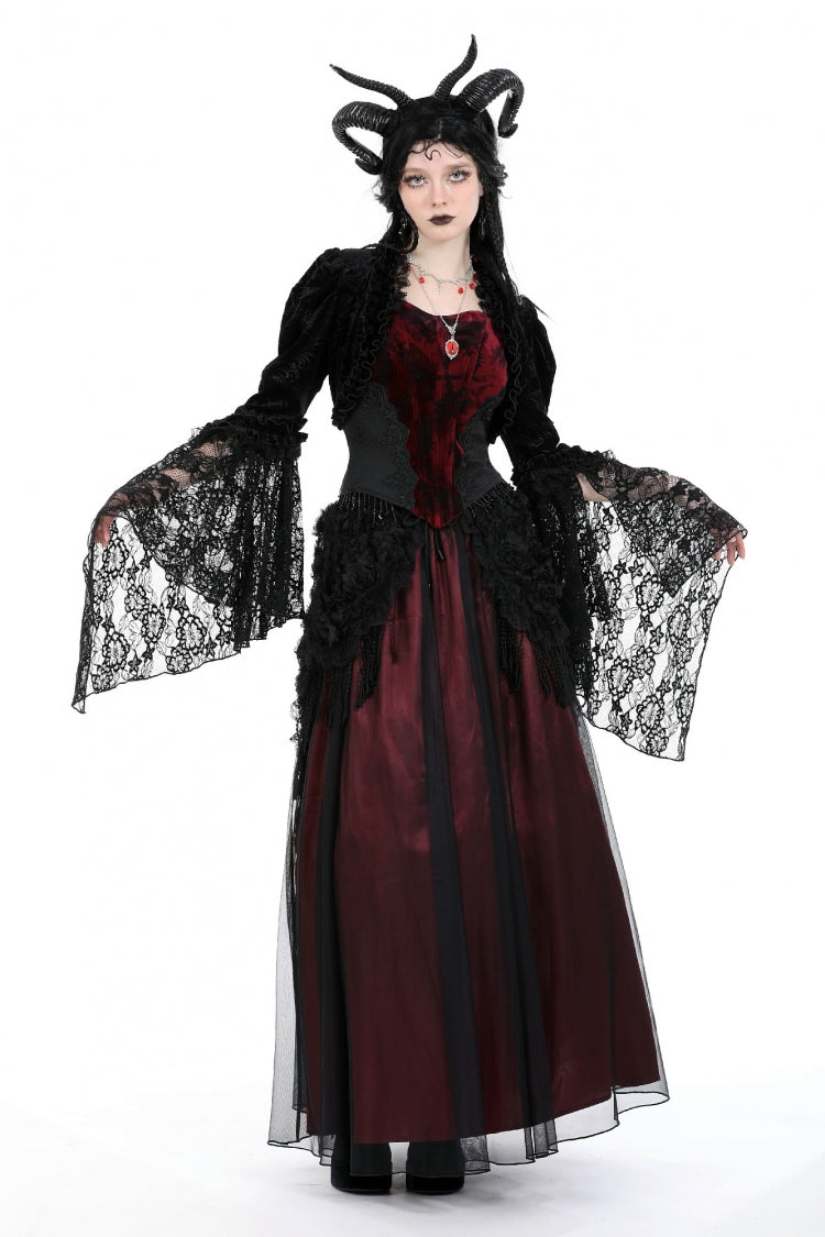 Black Long Trumpet Puff Sleeves Ruffled Lace Women's Gothic Velvet Shrug