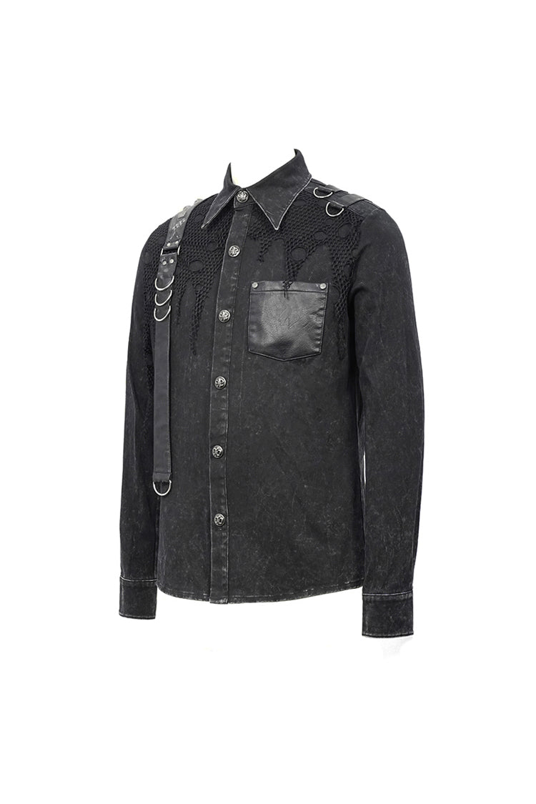 Black Asymmetric Left Shoulder Loop Mesh Rivet Snap Button Men's Punk Shirt