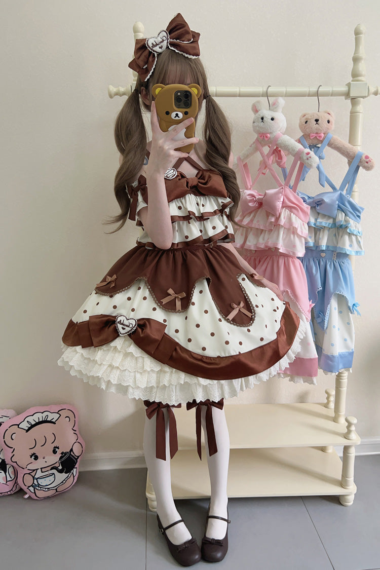 Chocolate Brown Cream Multi-Layered Polka Dots Print Ruffle Bowknot Sweet Lolita Jsk Dress