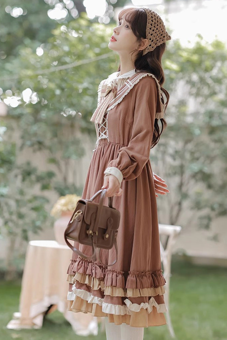 Brown Long Sleeves Multi-layer Ruffle Two Fake Pieces Sweet Lolita Dress