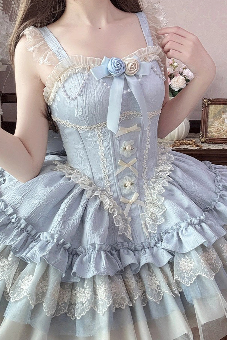 Blue [Fleeting Light and Shallow Dream] Sleeveless Multi-Layered Ruffle Bowknot Lace Slim Sweet Ballet Lolita Jsk Dress