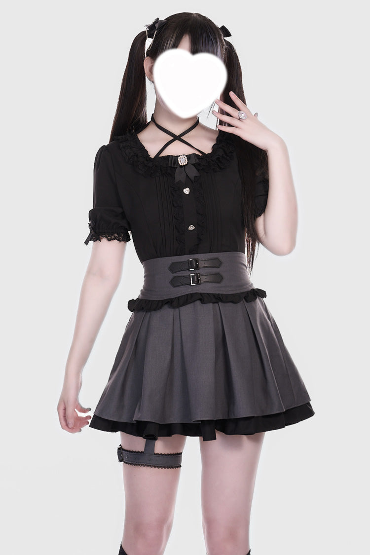 Grey/Black Leather Buckle Leg Ring Double-Layered Ruffle Sweet Jirai Kei Japanese Skirt