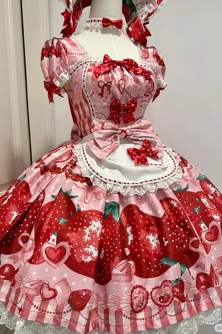 [Dream to Strawberry] Print Short Sleeves Ruffle Bowknot Lace Sweet Lolita OP Dress 4 Colors