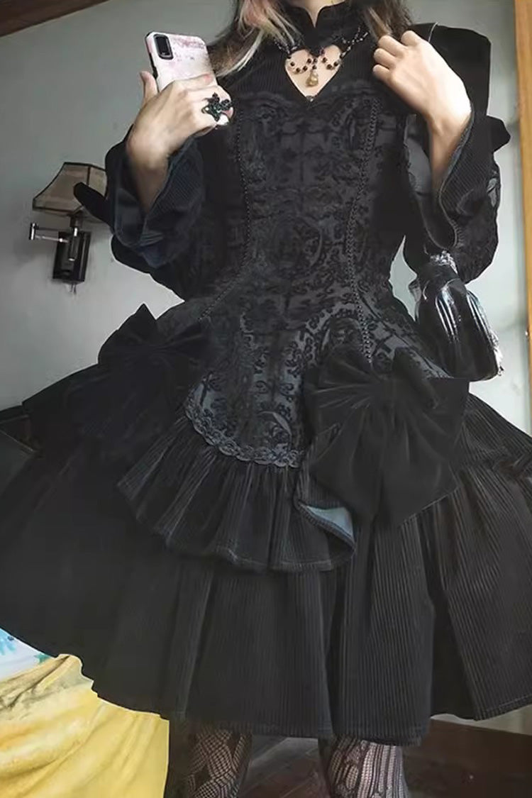 Black Long Sleeves Jacquard Print Ruffle Classic Gothic Lolita Dress