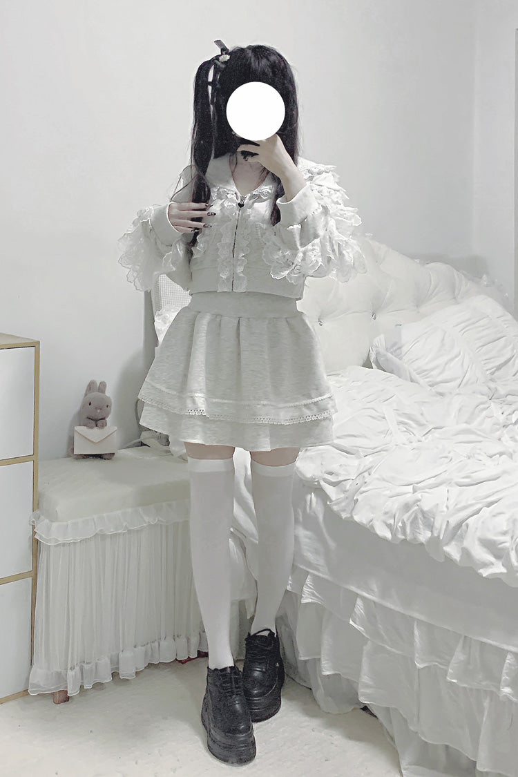 Grey [Heartbeat Rhythm] Long Sleeves Ruffle Lace Hooded Jirai Kei Japanese Skirt Set