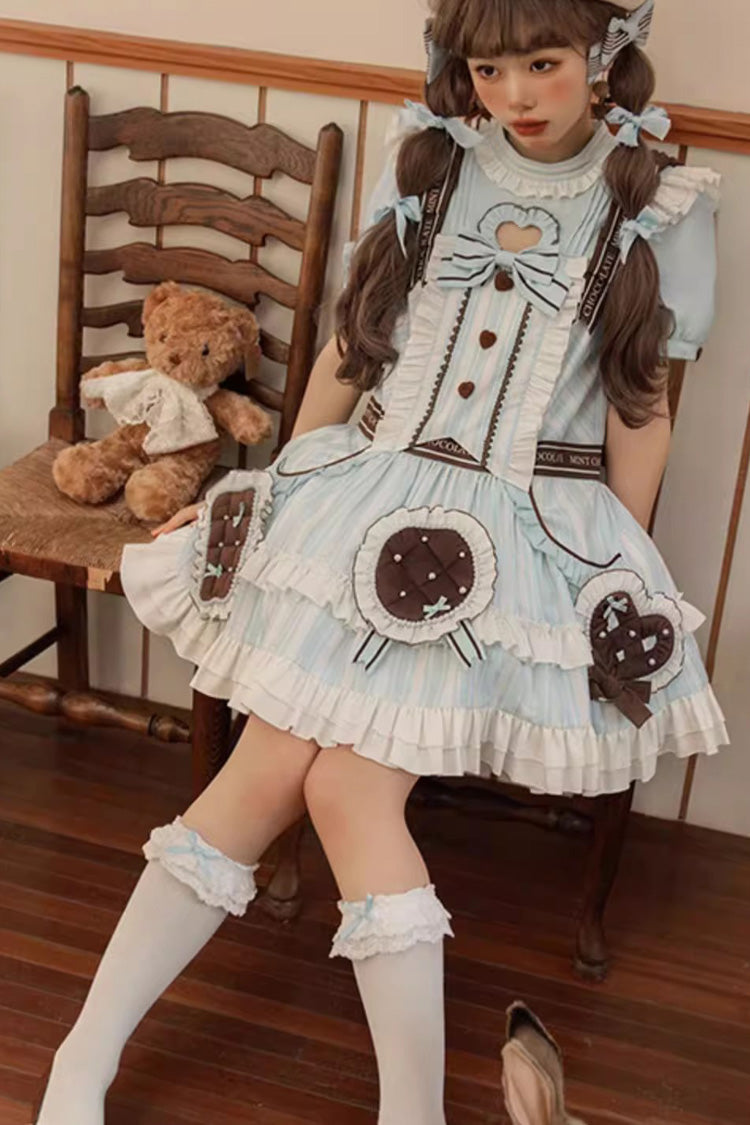 Light Blue Sea Salt Cookies Short Sleeves Print Ruffle Bowknot Sweet Lolita Dress