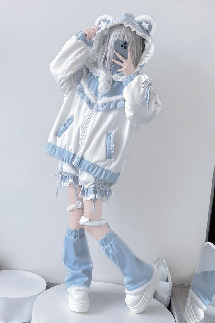 White/Blue [Sweet Star Bear] Long Sleeves Ruffle Hooded Japanese Jirai Kei Sports Coat