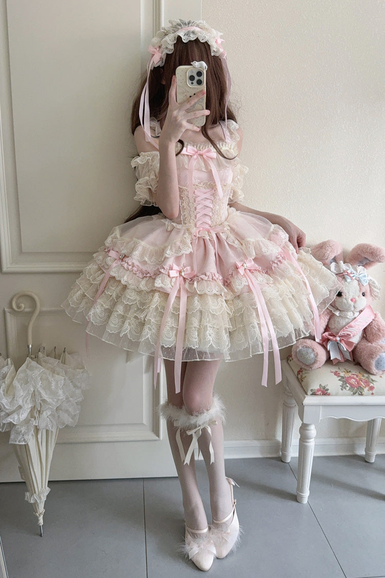 Pink [Ribbon Heart Love] Sleeveless Multi-Layered Ruffle Bowknot Lace Lace-Up Sweet Princess Ballet Lolita Jsk Dress