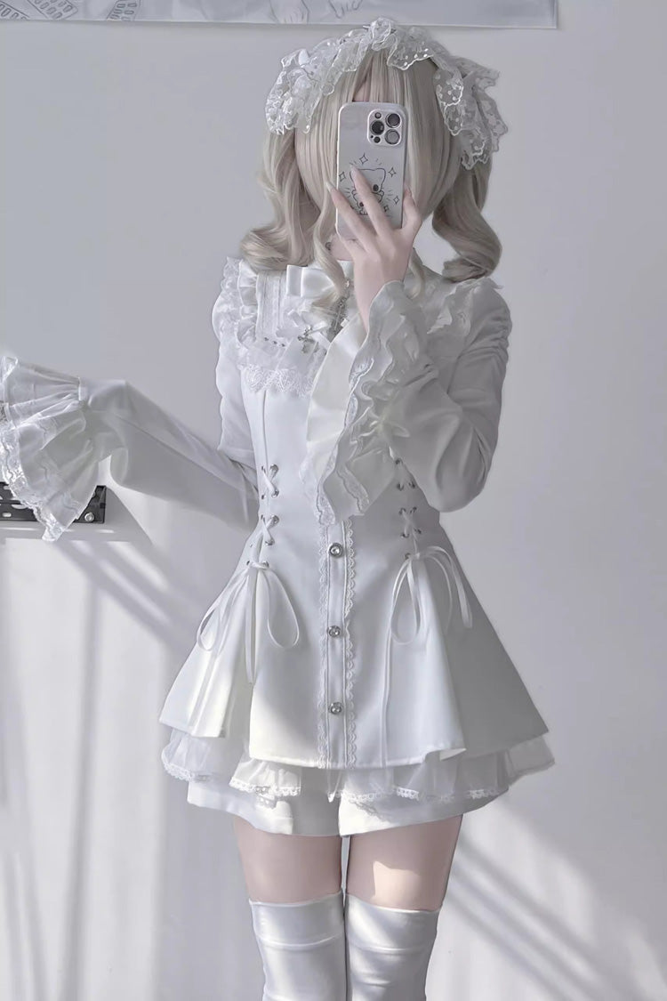 White Long Trumpet Sleeves Bowknot Lace-Up Gothic Jirai Kei Dress Shorts Set