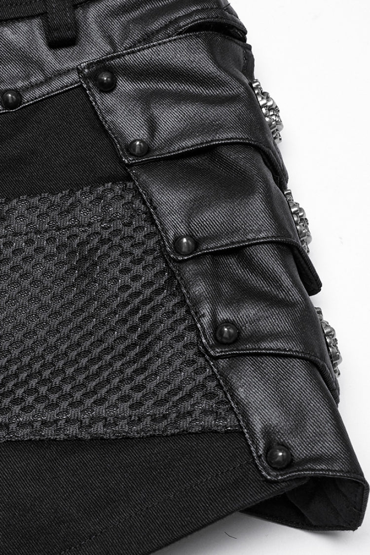 Black Stitching Faux Leather Mesh Studded Women's Punk Shorts