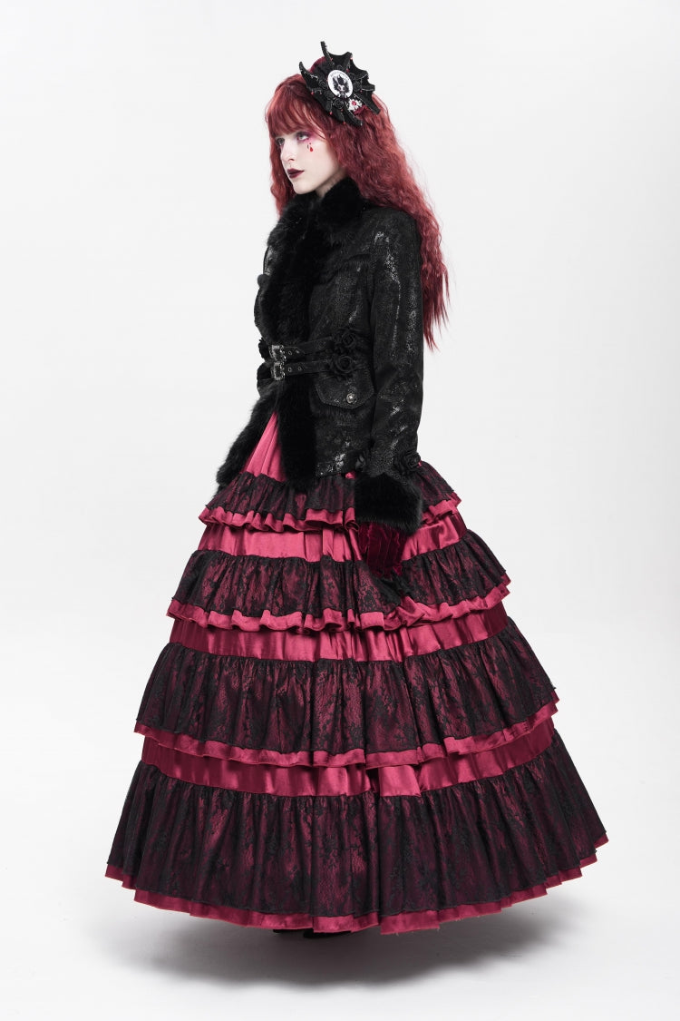 Black Long Sleeves Rose Floral Embroidery Buckle Straps Women's Gothic Coat
