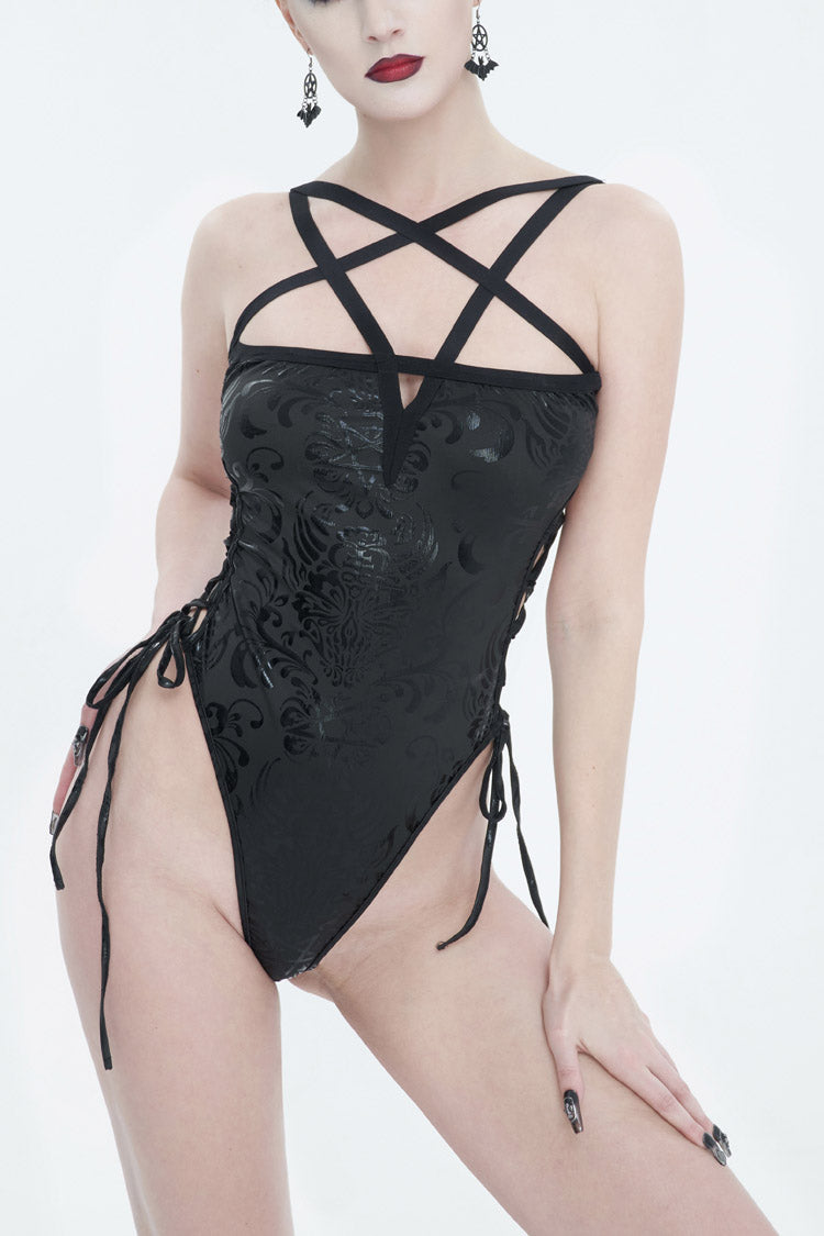 Black Pentagram Print Side Cutout Strap Women's Gothic One Piece Swimsuit