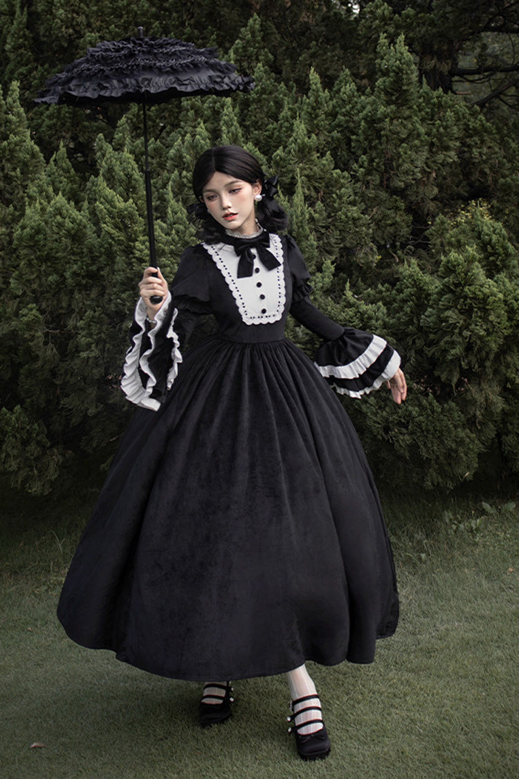Schwarzes [Schlaflose Nacht] Gothic Lolita Kleid mit langen Hime-Ärmeln und Rüschen