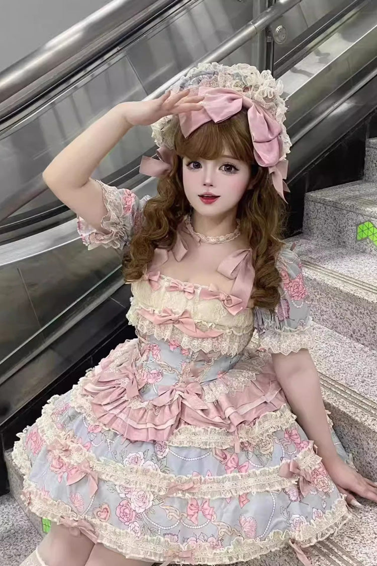 Blue/Pink [Gem Rose] Multi-Layered Ruffle Bowknot Lace Sweet Princess Lolita Skirt 2 Versions