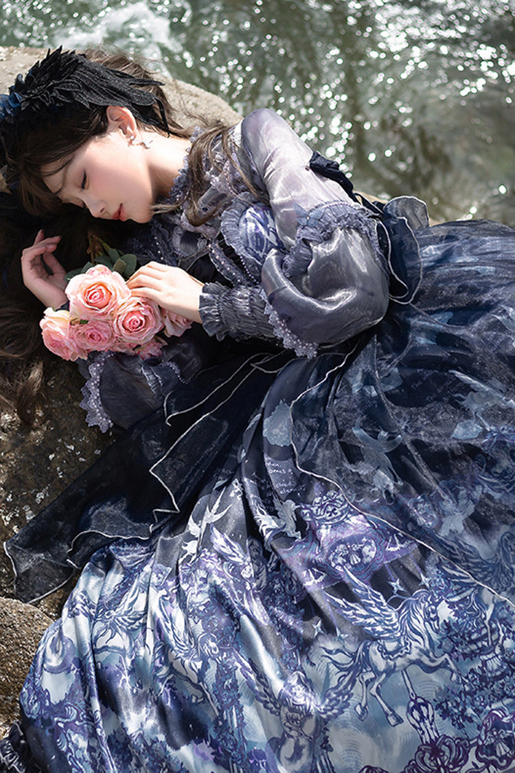 Blue [Angel Garden] Print Ruffle Bowknot Asymmetric Classic Elegant Lolita Jsk Dress