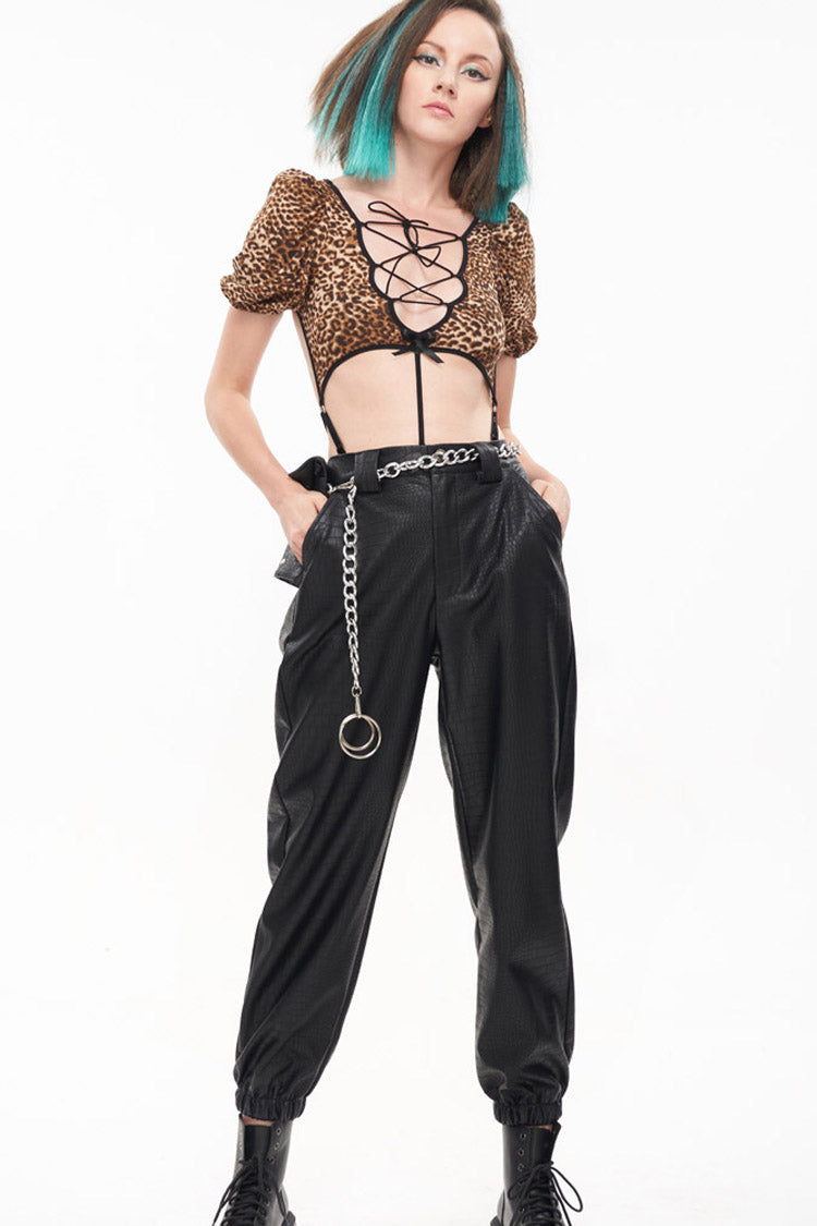 Black Gothic Crocodile Pattern Metal Chain Design Lantern Leather Women's Pants