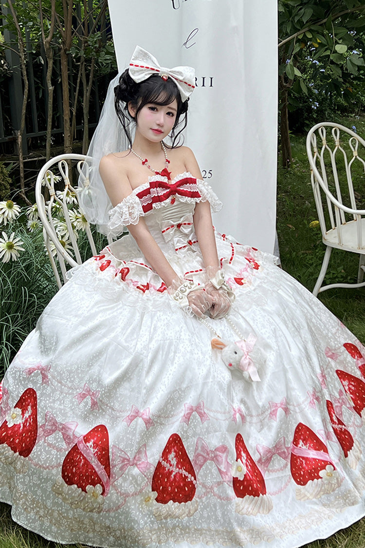 White [True Love Strawberry] Print Off Shoulder Sleeveless Ruffle Bowknot Lace Sweet Princess Lolita Dress Set