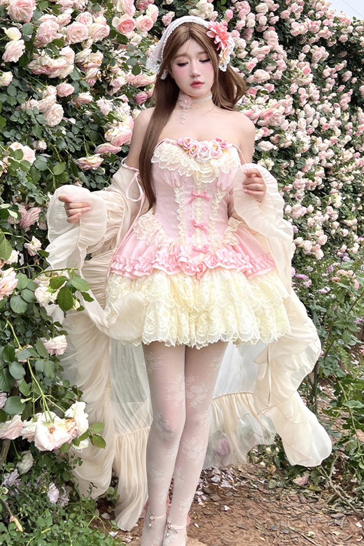 Pink [Pure Dream Flower Love] Multi-Layered Ruffle Embroidery Bowknot Lace Sweet Lolita Jsk Dress