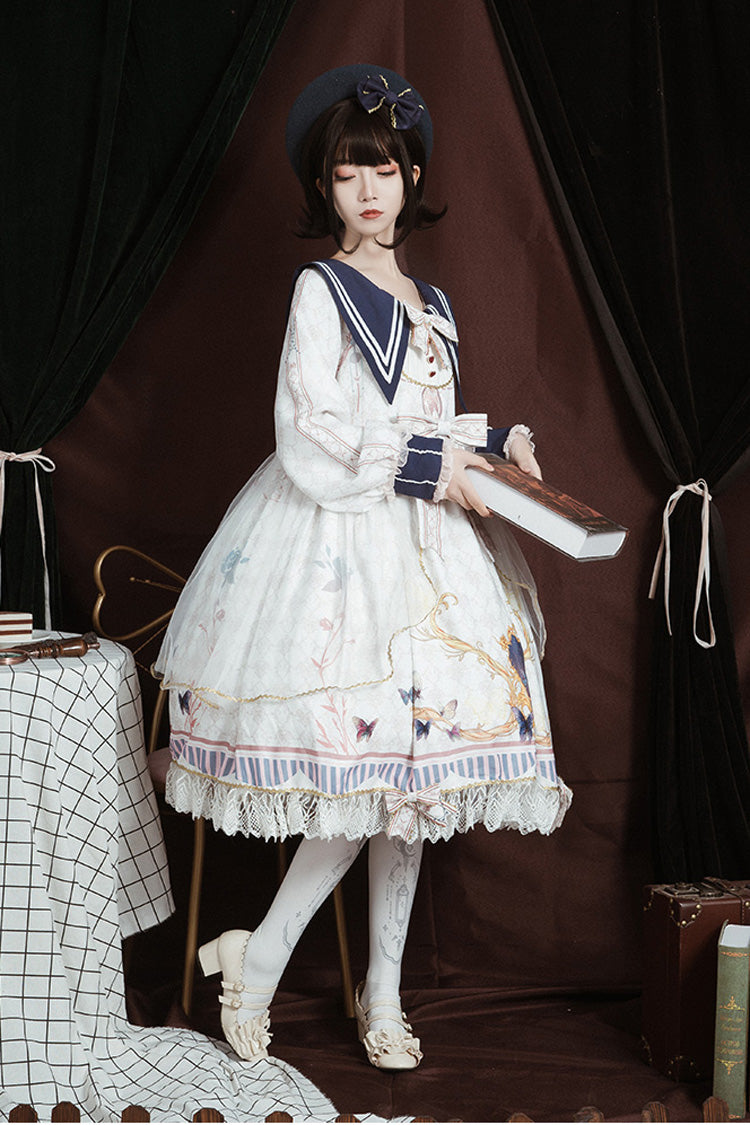 White Navy Collar Long Sleeves Butterfly Print Ruffle Bowknot Sweet Elegant Princess Lolita Dress