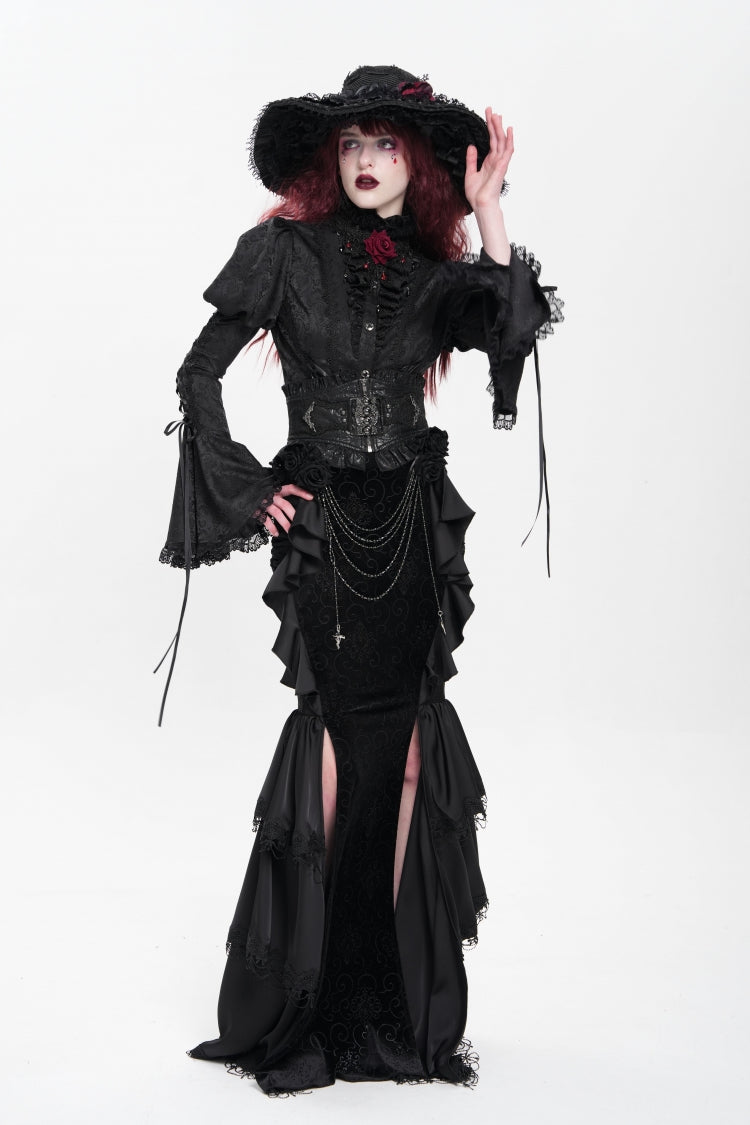 Black Floral Print Lace-Up Rose Chain Women's Gothic Fishtail Skirt